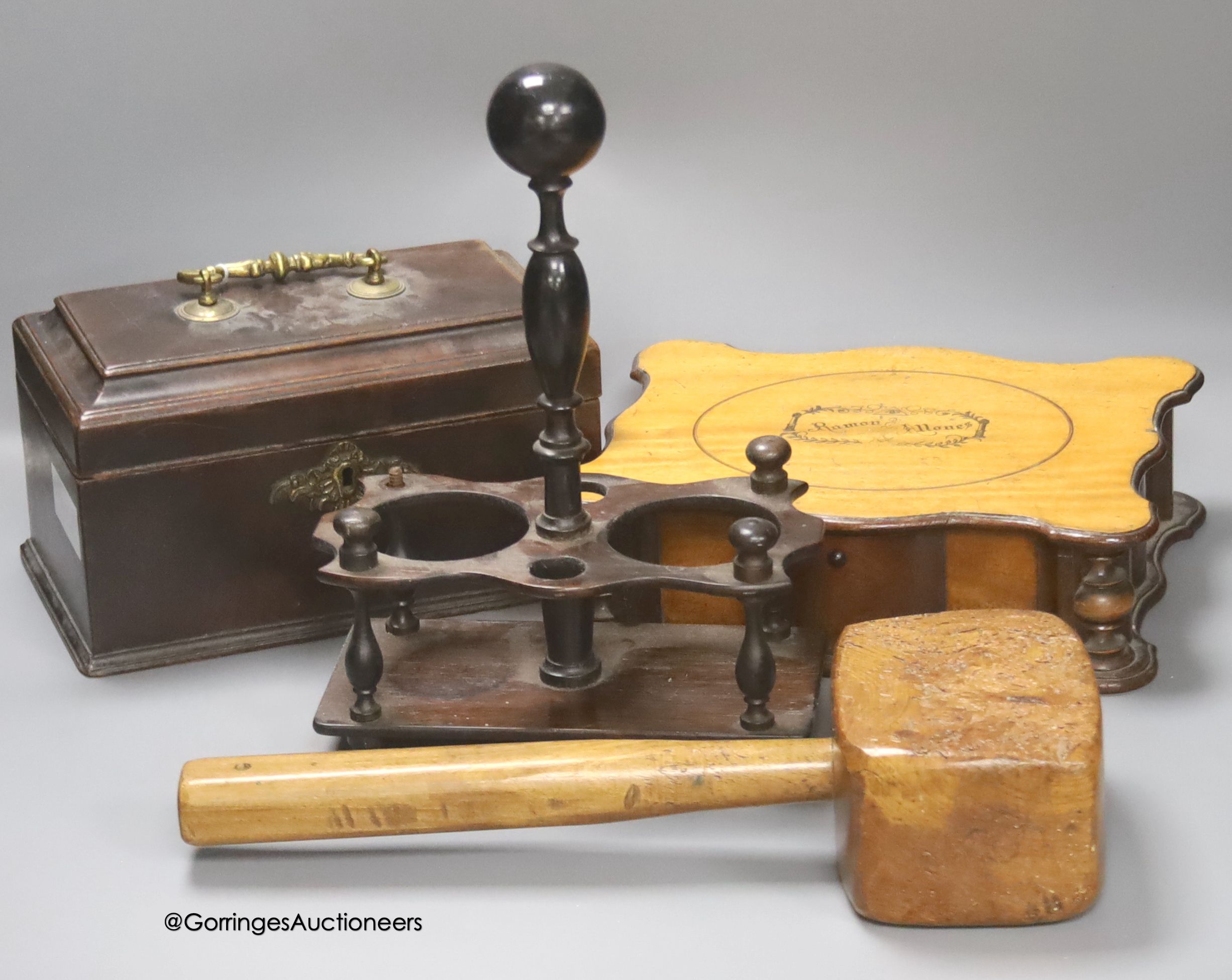 A mid 18th century mahogany tea caddy, 24cm, a rosewood cruet stand, one other box and a mallet with elm head